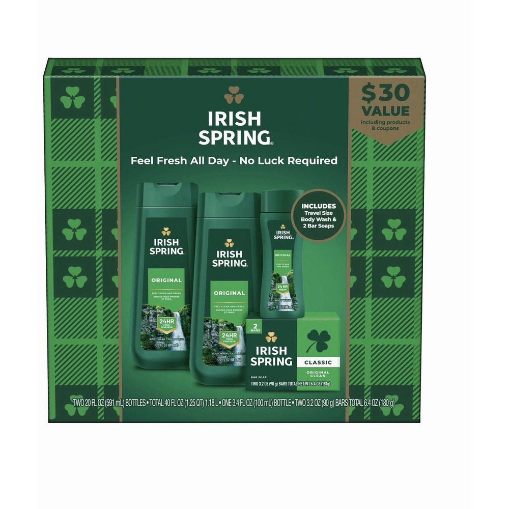 Irish Spring Body Wash 20 Oz Bottles & Travel Size Bar Soap Gift Set